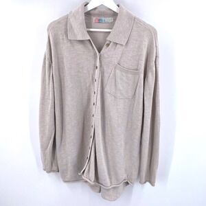 FP Beach Oversized Wooden Button Down Cotton Linen Knit Shirt XS Coastal Neutral